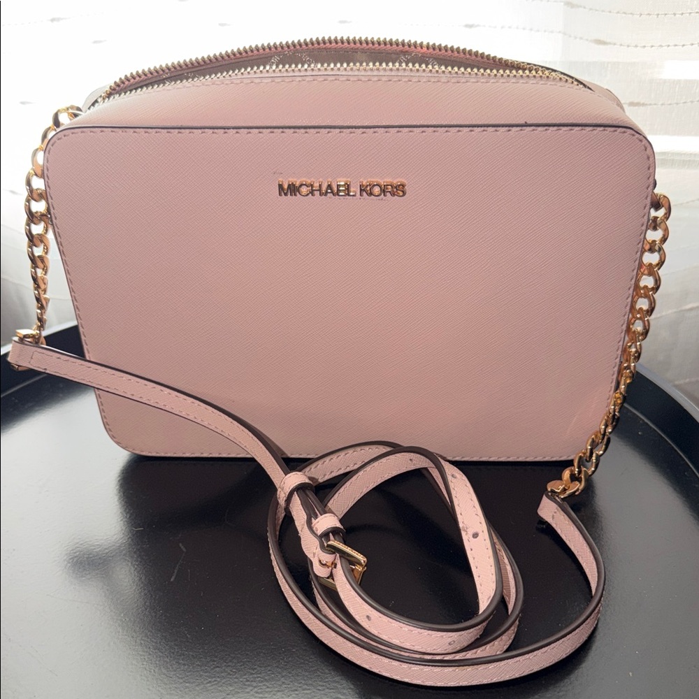 Michael Kors Pink Saffiano Leather Crossbody with Gold Chain